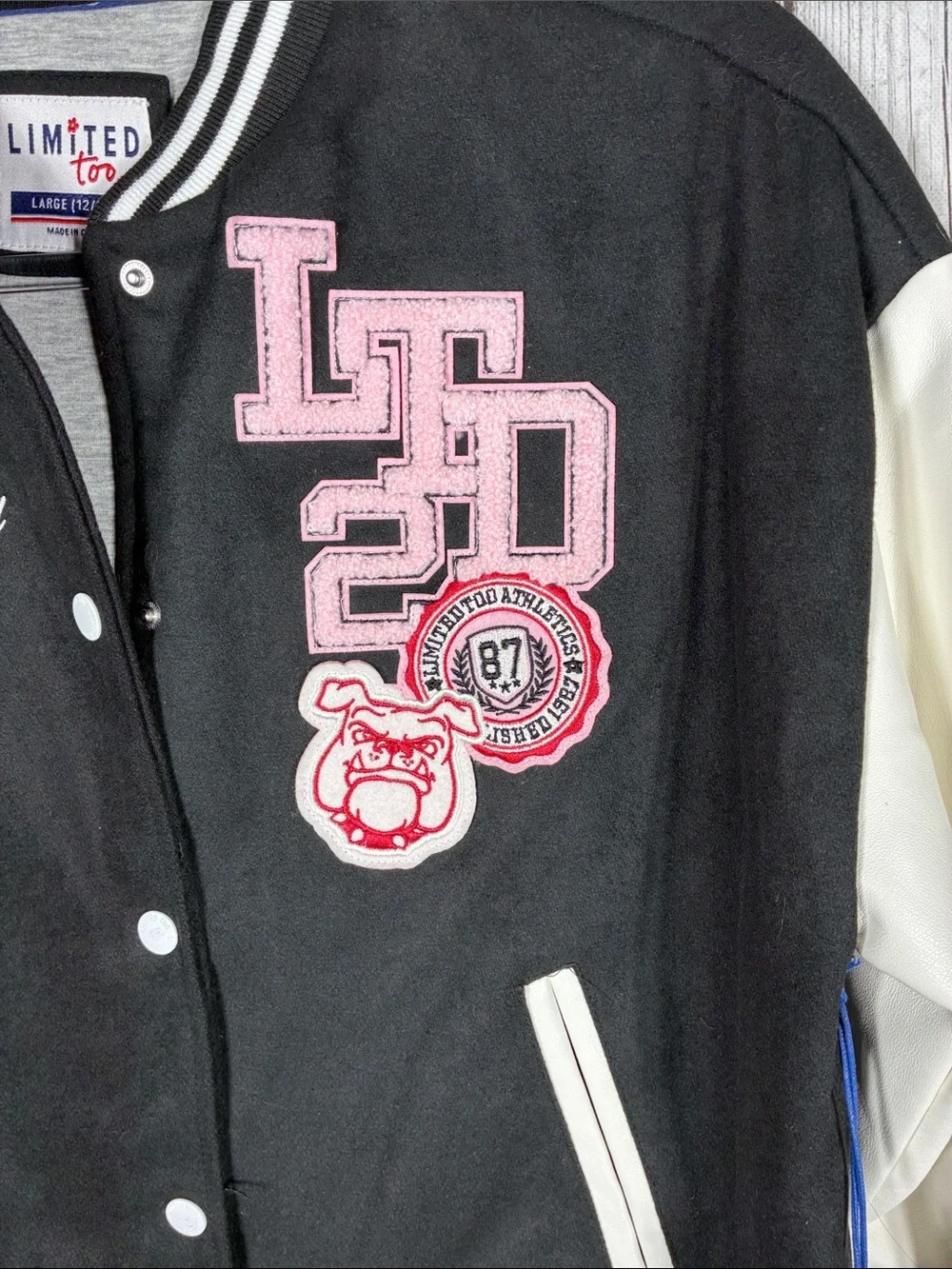 Limited Too Black & White Varsity Jacket with Pink Accents Size 12/14